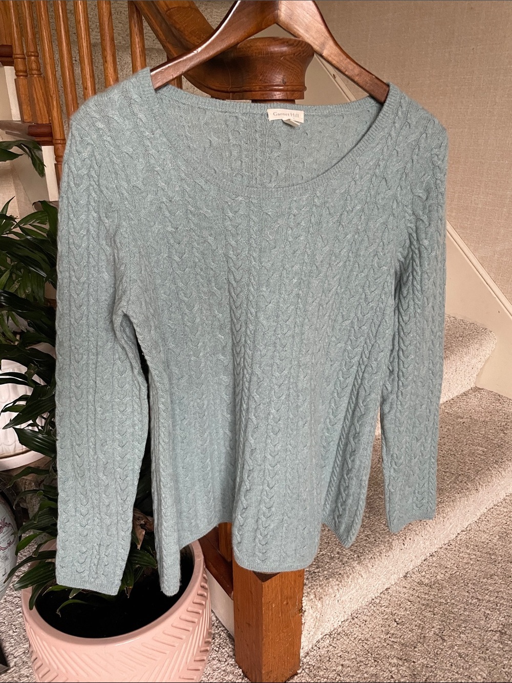 Garnet Hill Cashmere Light Aqua Cable-Knit Scoop Neck Sweater